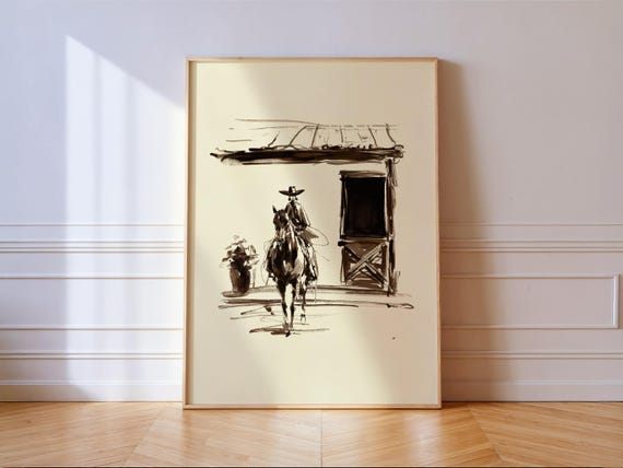 Minimal Western Cowgirl Horse Sketch Wall Print Ranch Cabin Decor Rustic Southwest Art Gift