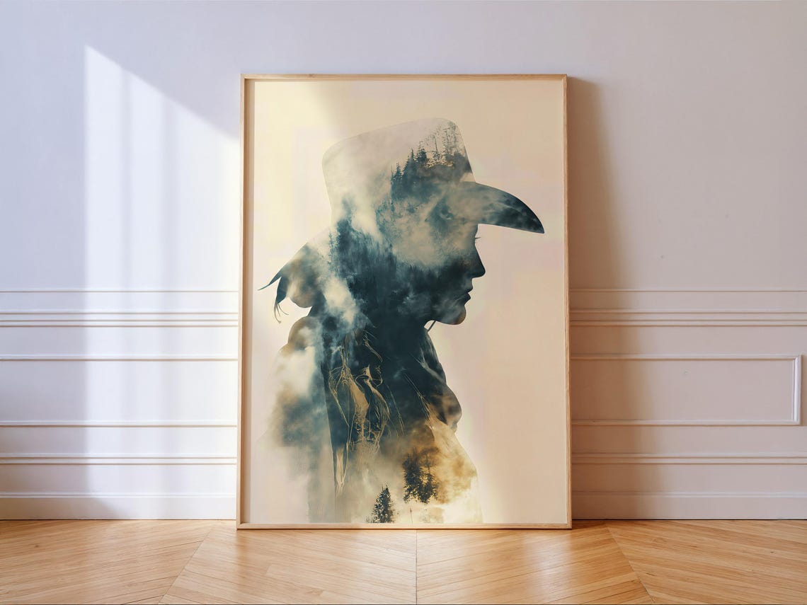 Cowgirl Hat Forest Double Exposure Western Silhouette Poster