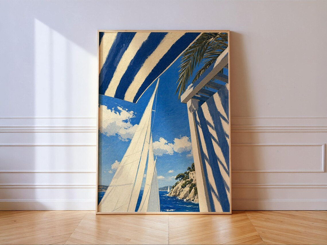 Sailboat and Striped Awning on the Riviera Coast, Vintage Art Print