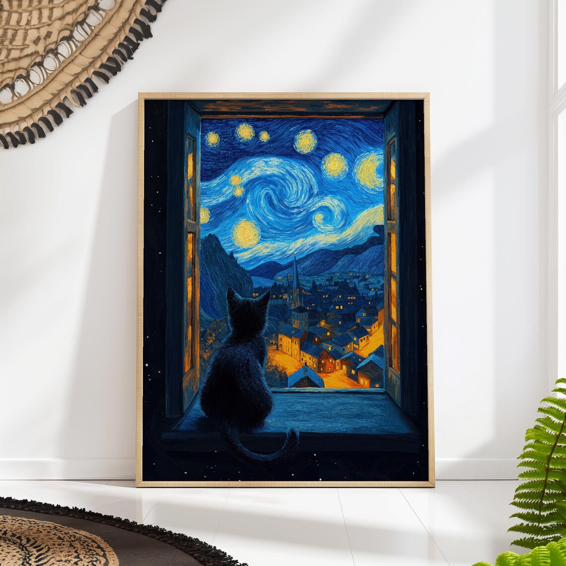 Starry Night Cat by Van Gogh, Celestial Art Print