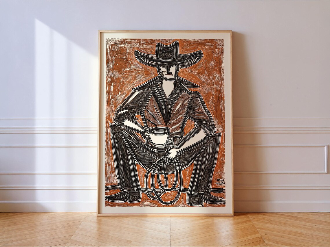 Western Cowboy Coffee, Vintage Linocut Poster