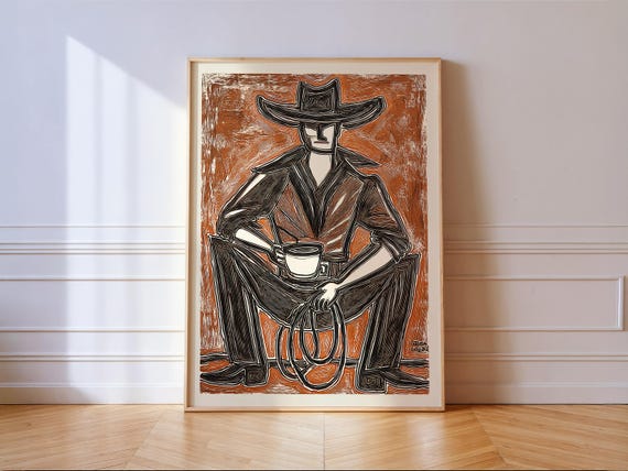 Western Cowboy Coffee, Vintage Linocut Poster