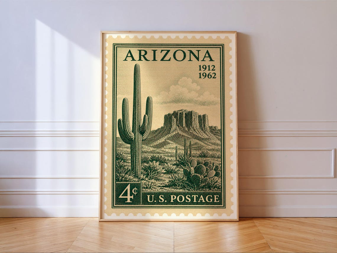 Arizona 1912 1962 Saguaro Cactus US Postage Stamp Art Poster