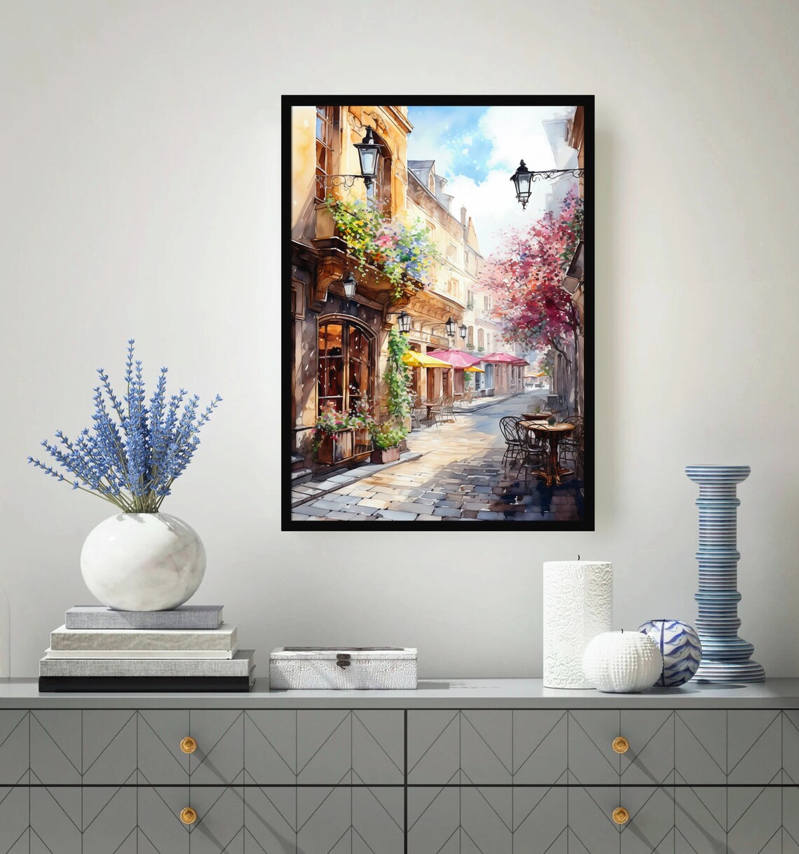 Charming European Street Cafe Flower Balconies Watercolor Poster - Image 5