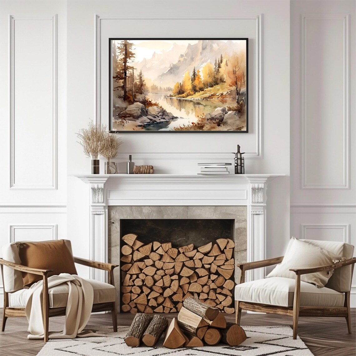 Autumn Mountain Lake with Golden Trees Watercolor Landscape Poster - Image 2