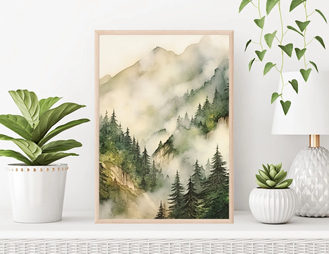 Misty Mountain Slope Evergreen Forest Clouds Watercolor Serene Poster - Image 3