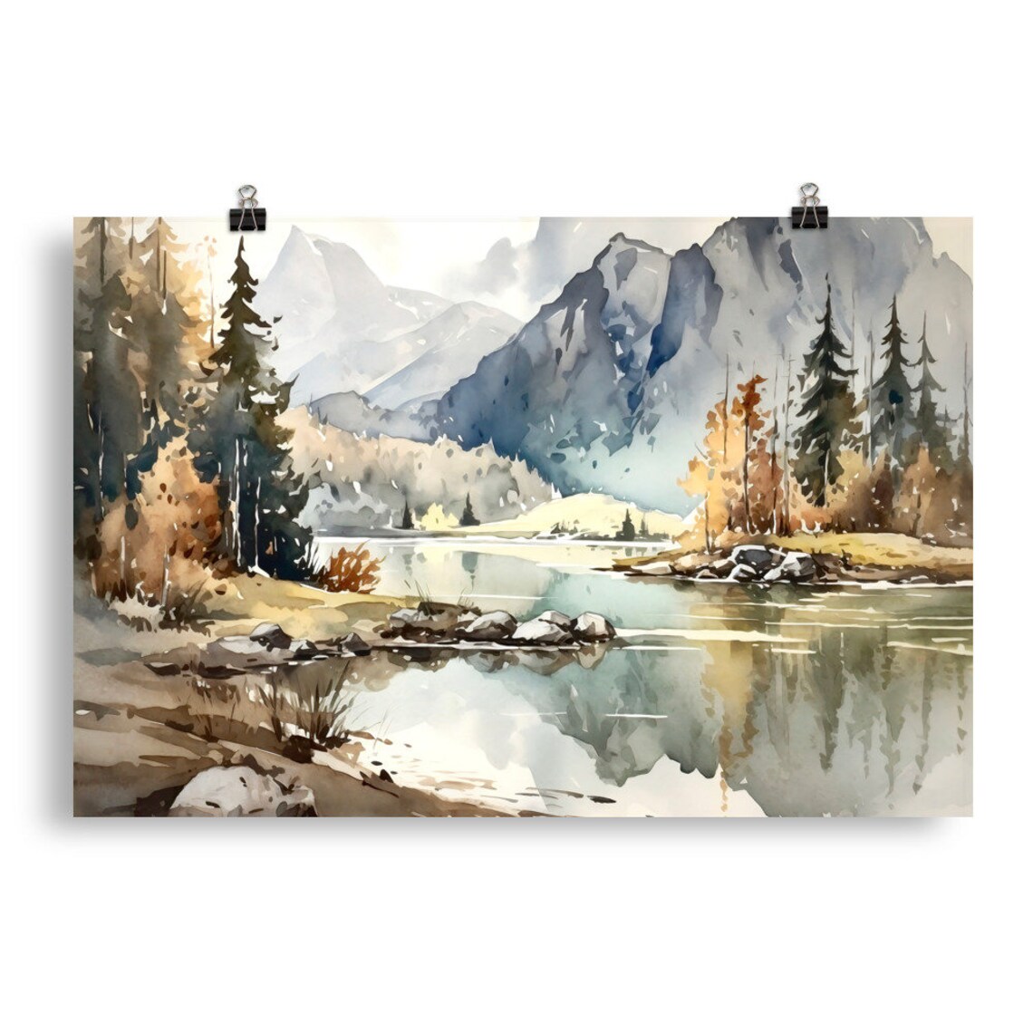 Mountain Lake Watercolor Landscape, Modern Wall Art Print - Image 4