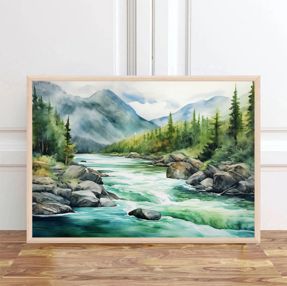 Mountain River Watercolor Art Print, Misty Forest Landscape - Image 2