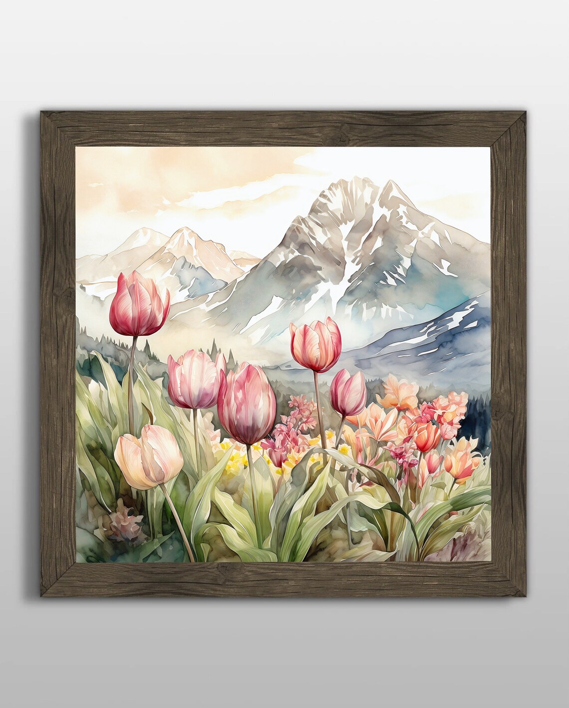 Tulips Flower Mountain Landscape Watercolor Art Print - Image 3