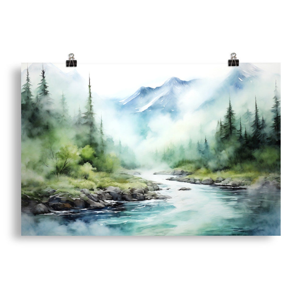 Mountain River Watercolor Turquoise Stream Pine Forest Valley Poster - Image 5