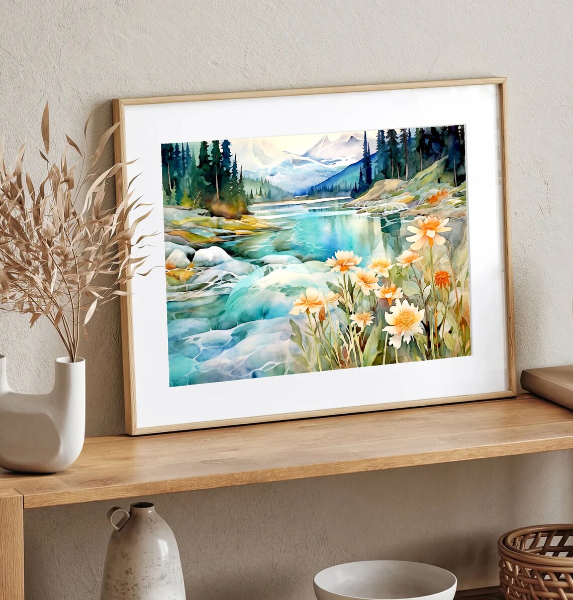Mountain Landscape With Lake Meadow Flowers Art Print - Image 2