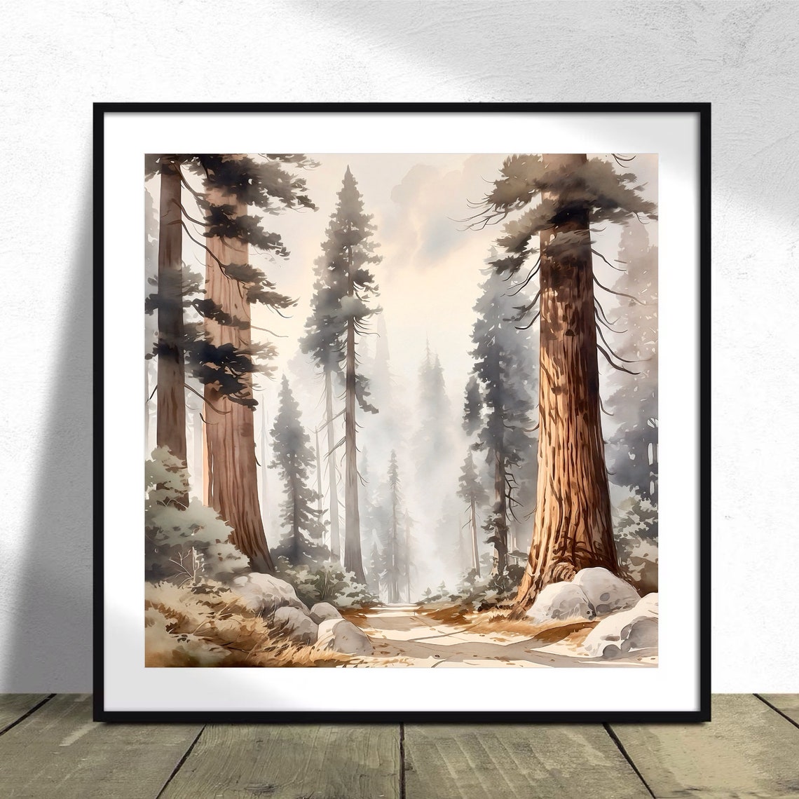 Giant Sequoia Forest Watercolor with Misty Redwood Trees Print - Image 3