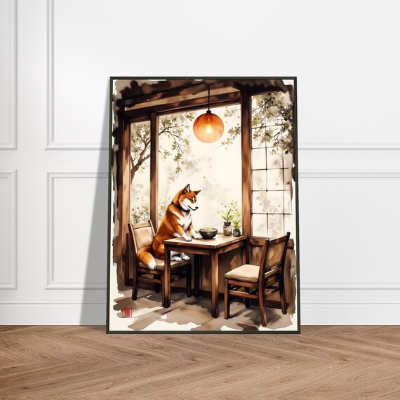 Shiba Inu Dining With Ramen Japanese Cafe Scene Watercolor Poster