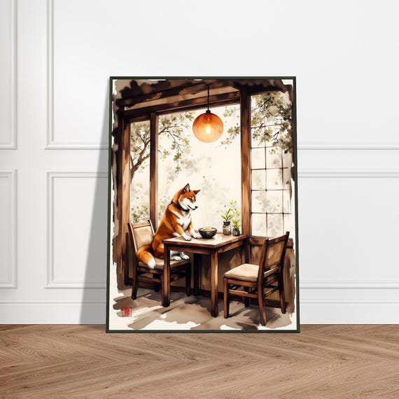 Shiba Inu Dining With Ramen Japanese Zen Ink Wall Art Print Metal Frame Cozy Cafe Scene In Traditional Brushstroke Style