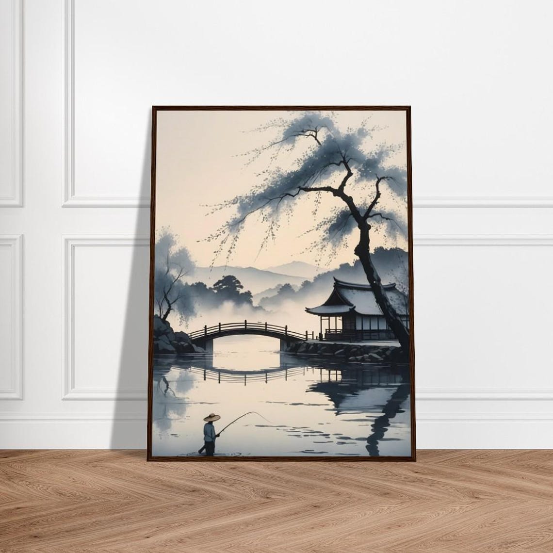 Fisherman in Serene Lake Arched Bridge Pavilion Ink Wash Poster