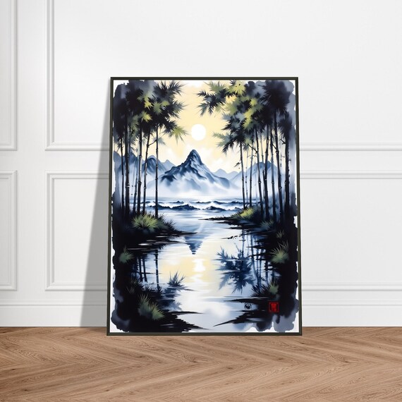 Bamboo Forest River and Mountain Under the Sun Watercolor Art Poster