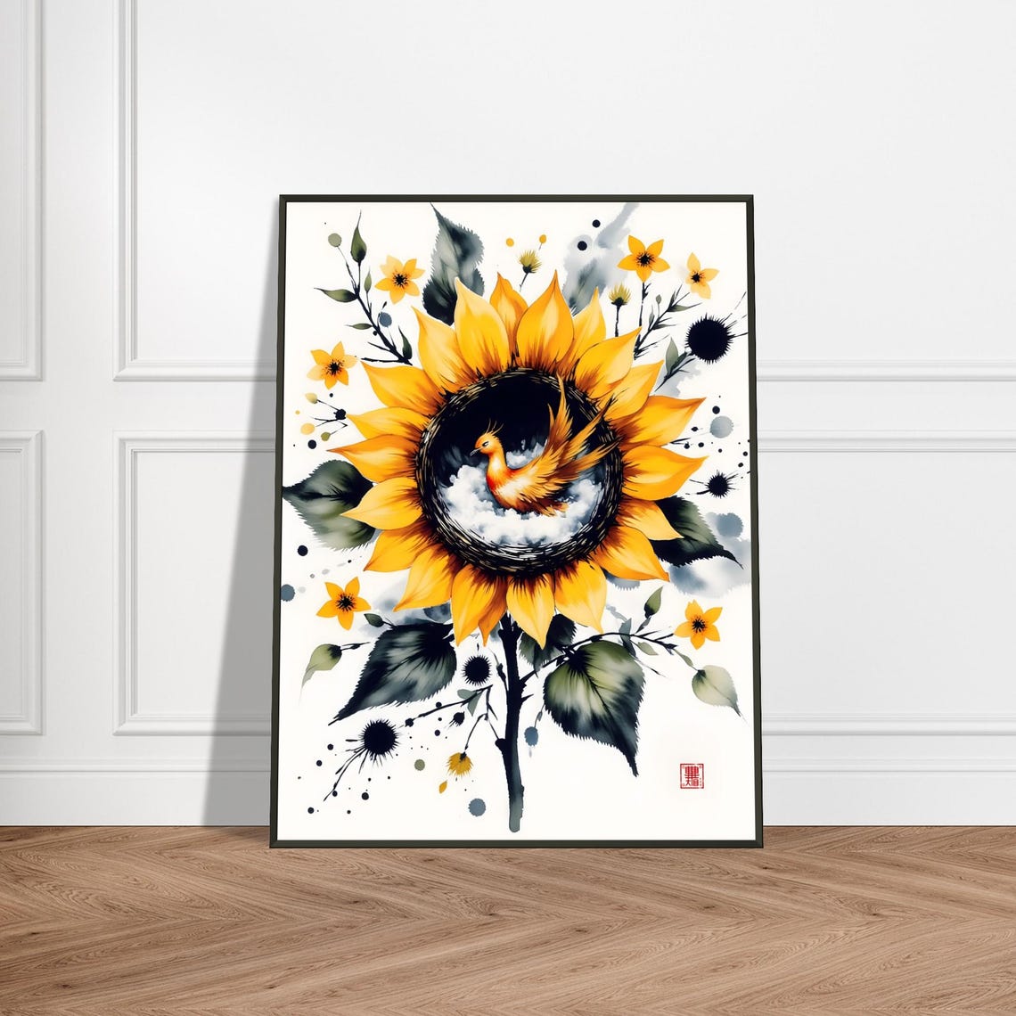 Phoenix Rising From a Sunflower Surreal Watercolor Art Poster