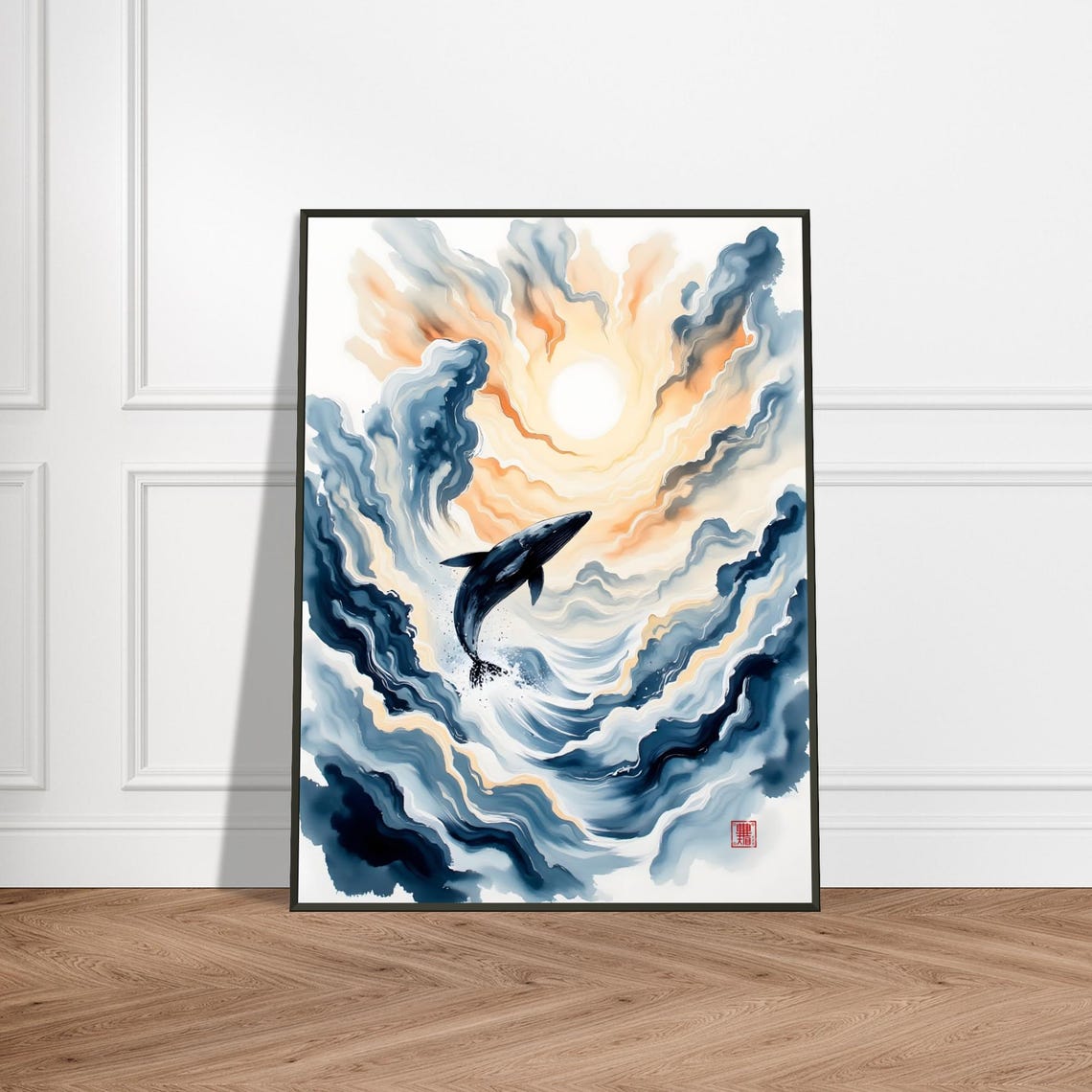Celestial Whale Watercolor Art Print Japanese Ink Ocean Illustration Surreal Sky Wave Wall Decor Zen Dreamscape Painting