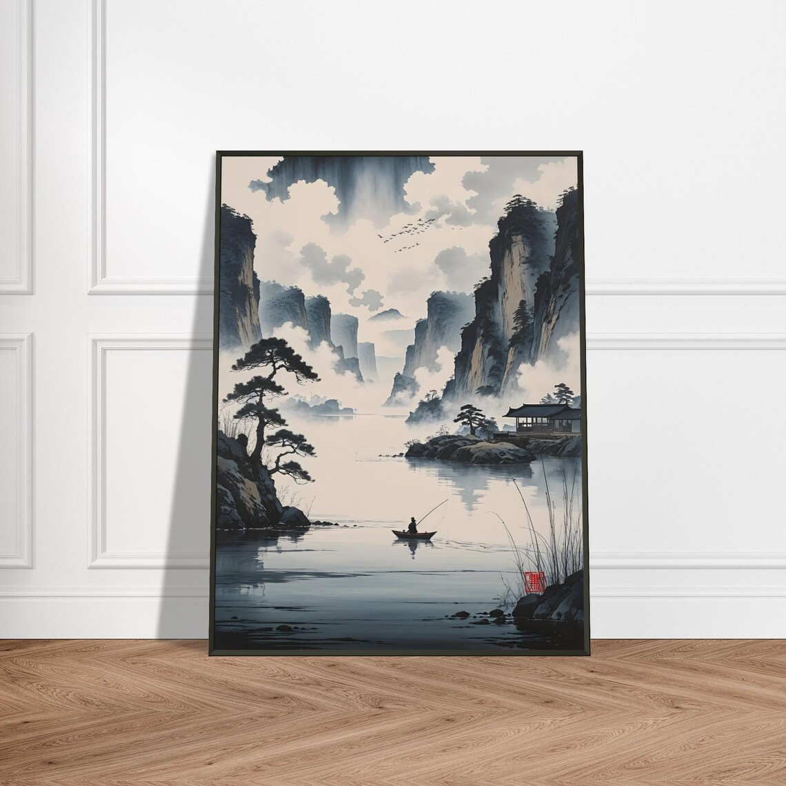 Misty River Valley With Lone Fisherman Japanese Ink Wash Poster