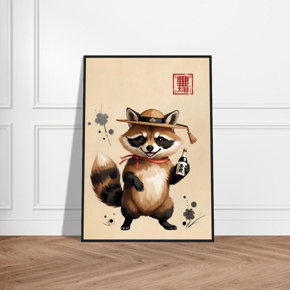 Japanese Tanuki Raccoon Dog With Straw Hat Sake Bottle Art Poster