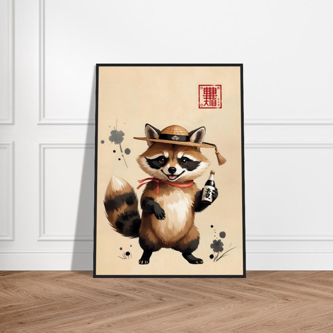 Japanese Tanuki Raccoon Dog With Straw Hat Sake Bottle Art Poster