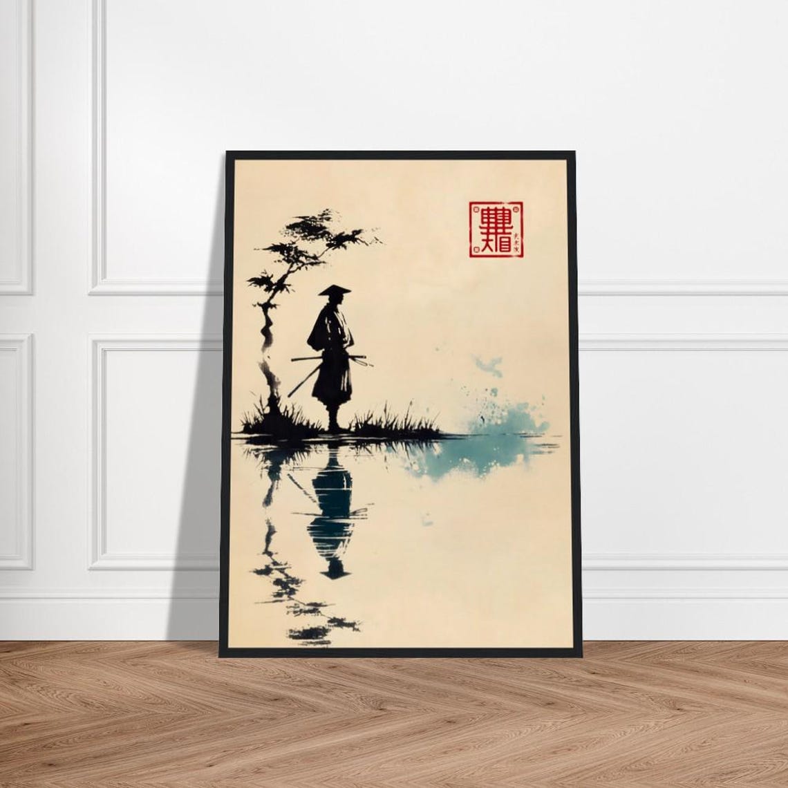 Samurai at Lakeside Pine Japanese Sumi E Ink Painting Style Poster