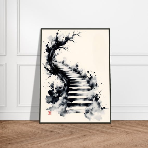 Japanese Ink Stairway And Tree Monochrome Zen Wall Art Print With Metal Frame Surreal Minimalist Brushstroke Landscape Decor