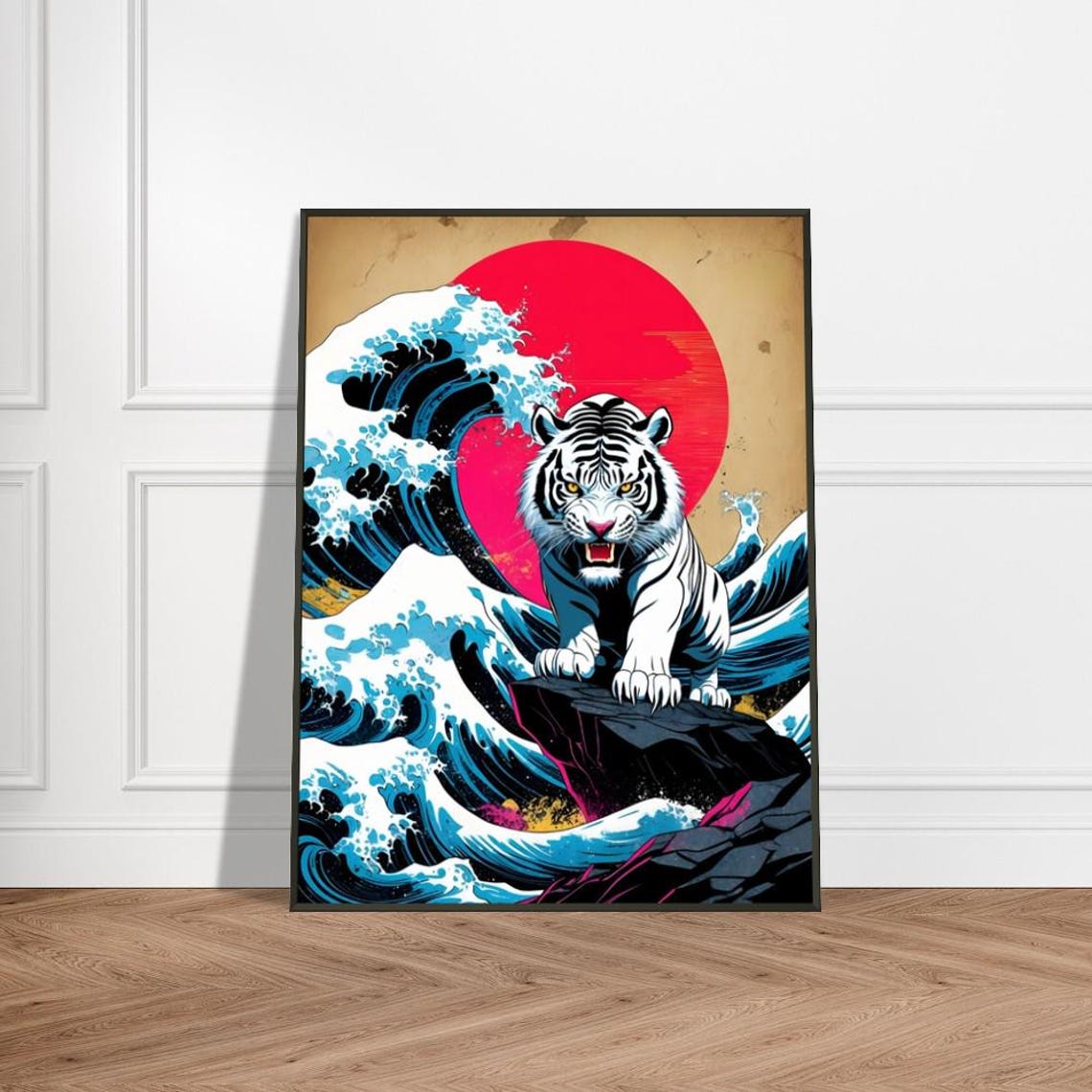 White Tiger Amid Ocean Waves Japaneseinspired Metal Framed Art Print Fiery Red Sun Dynamic Splash And Bold Ukiyoe Style