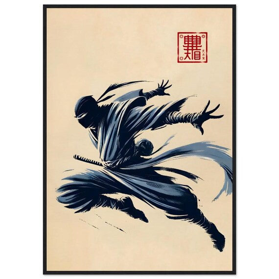 Leaping Ninja with Katana Blue Ink Japanese Art Poster Action