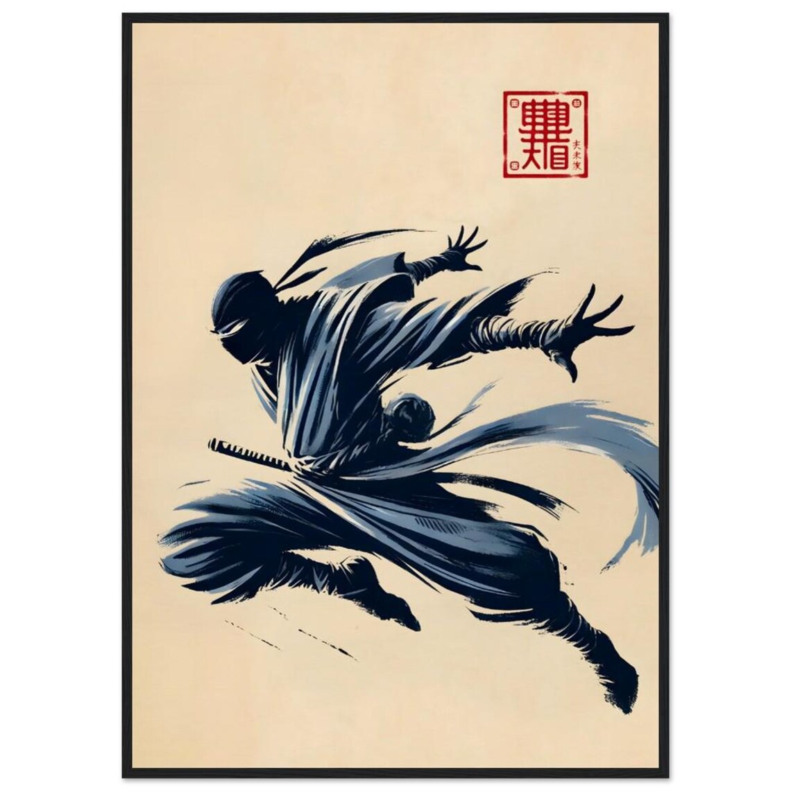 Leaping Ninja with Katana Blue Ink Japanese Art Poster Action