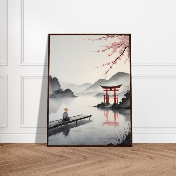Peaceful Japanese Lakeside Torii Gate Cherry Blossom Art Poster