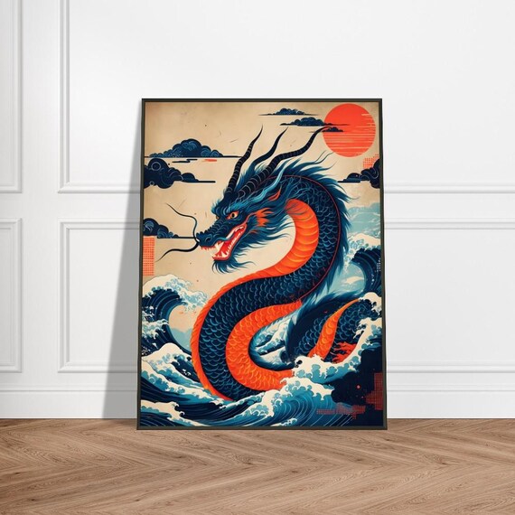 Majestic Dragon Over Ocean Waves Japaneseinspired Metal Framed Art Print Fiery Scales Radiant Red Sun And Bold Ukiyoe Style