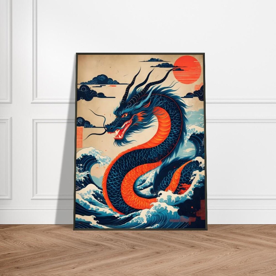 Blue Dragon Over Ocean Waves With Red Sun Japanese Style Poster