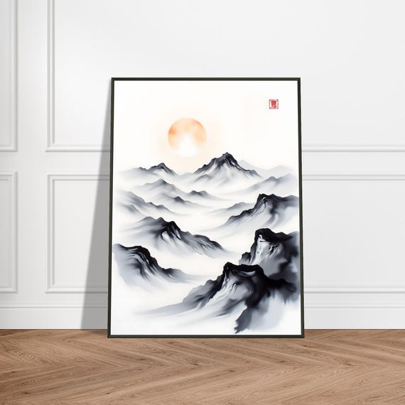 Japanese Mountain Landscape Print Sumie Style Ink Painting With Rising Sun Minimalist Zen Wall Art Tranquil Nature Scene For Home Decor