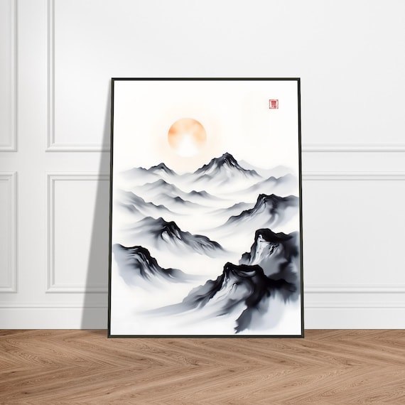 Misty Mountains at Sunrise Warm Ink Wash Landscape Painting Poster