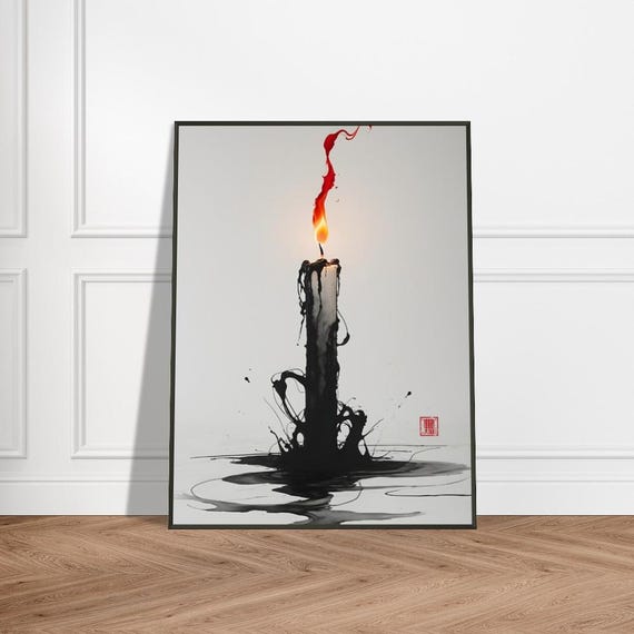 Melting Candle Wall Art Japanese Ink Wash Painting With Dripping Wax And Fiery Red Flame Metal Frame Gothic Minimalist Decor