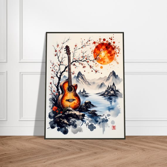 Guitar And Sunrise Wall Art Japanese Ink Landscape With Cherry Blossoms Castle Metal Framed Music Lover Decor