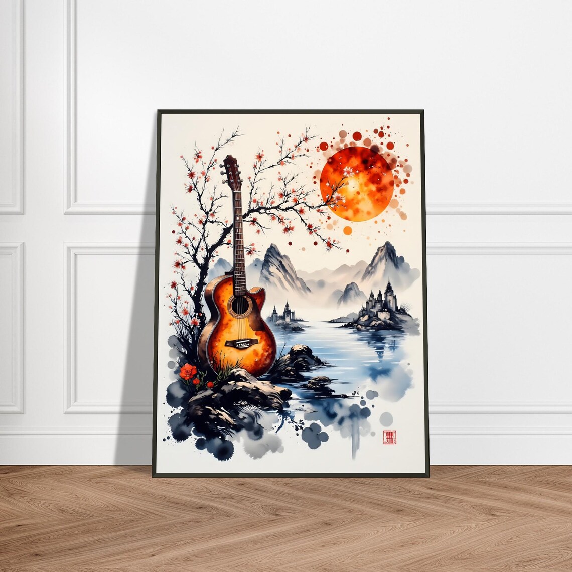 Acoustic Guitar by the Lake Under Red Sun Mountain Watercolor Poster