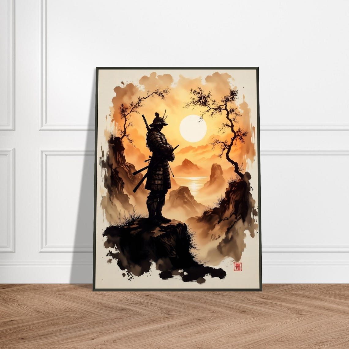 Samurai Warrior at Sunset Cliffs Dramatic Ink Wash Style Poster