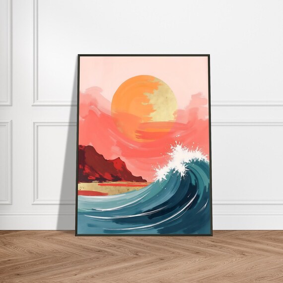 Golden Sunset Wave Abstract Ocean Landscape Painting With Coral Sky Turquoise Surf And Metallic Sun Modern Coastal Wall Art