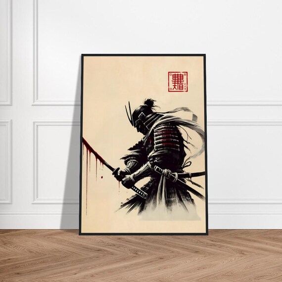 Samurai Seen from Behind Armor Katana Ink Japanese Art Poster