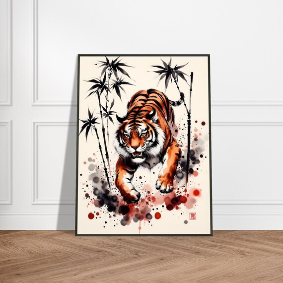 Charging Tiger Sumi Style Poster Running Through Black Bamboo Ink