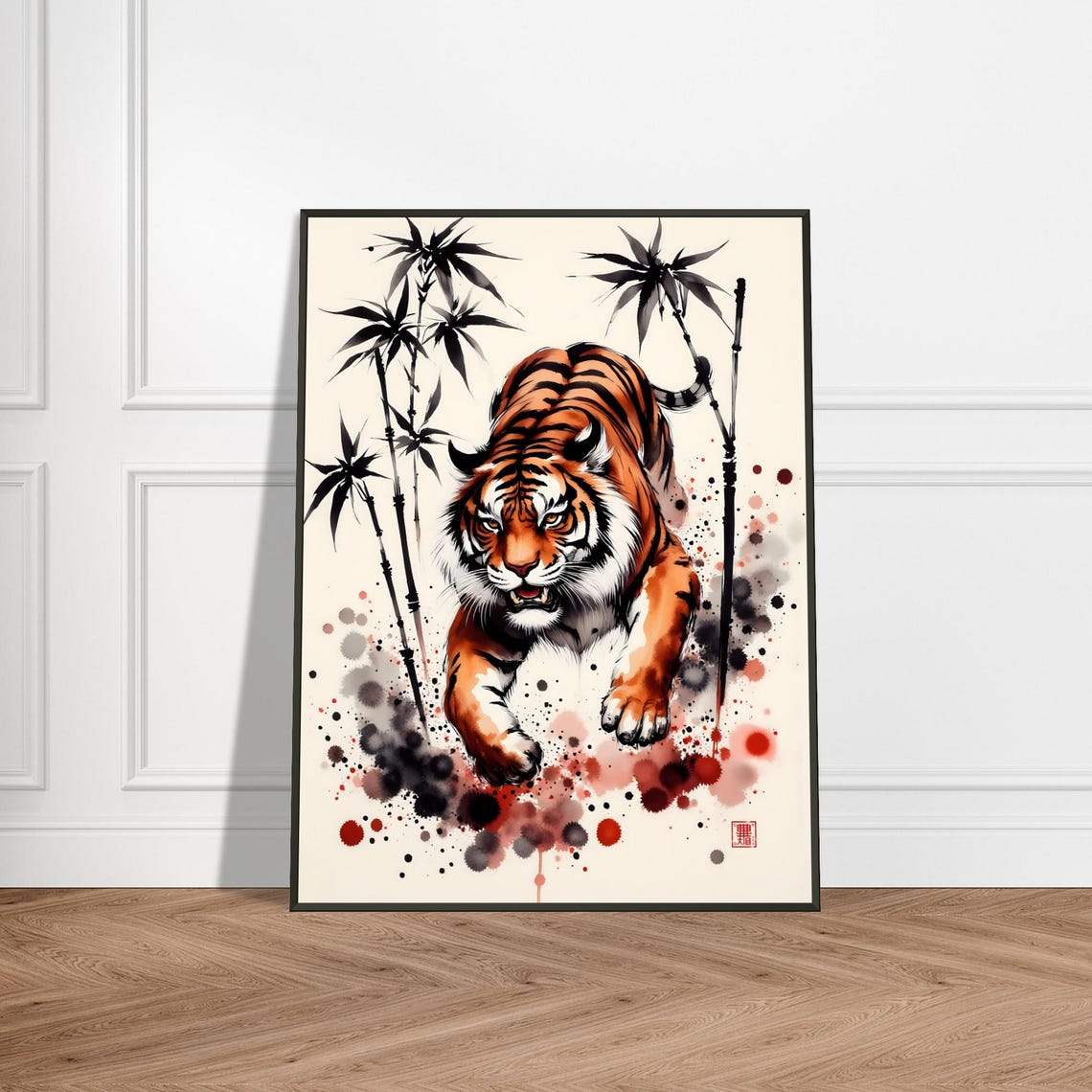 Charging Tiger Sumi Style Poster Running Through Black Bamboo Ink