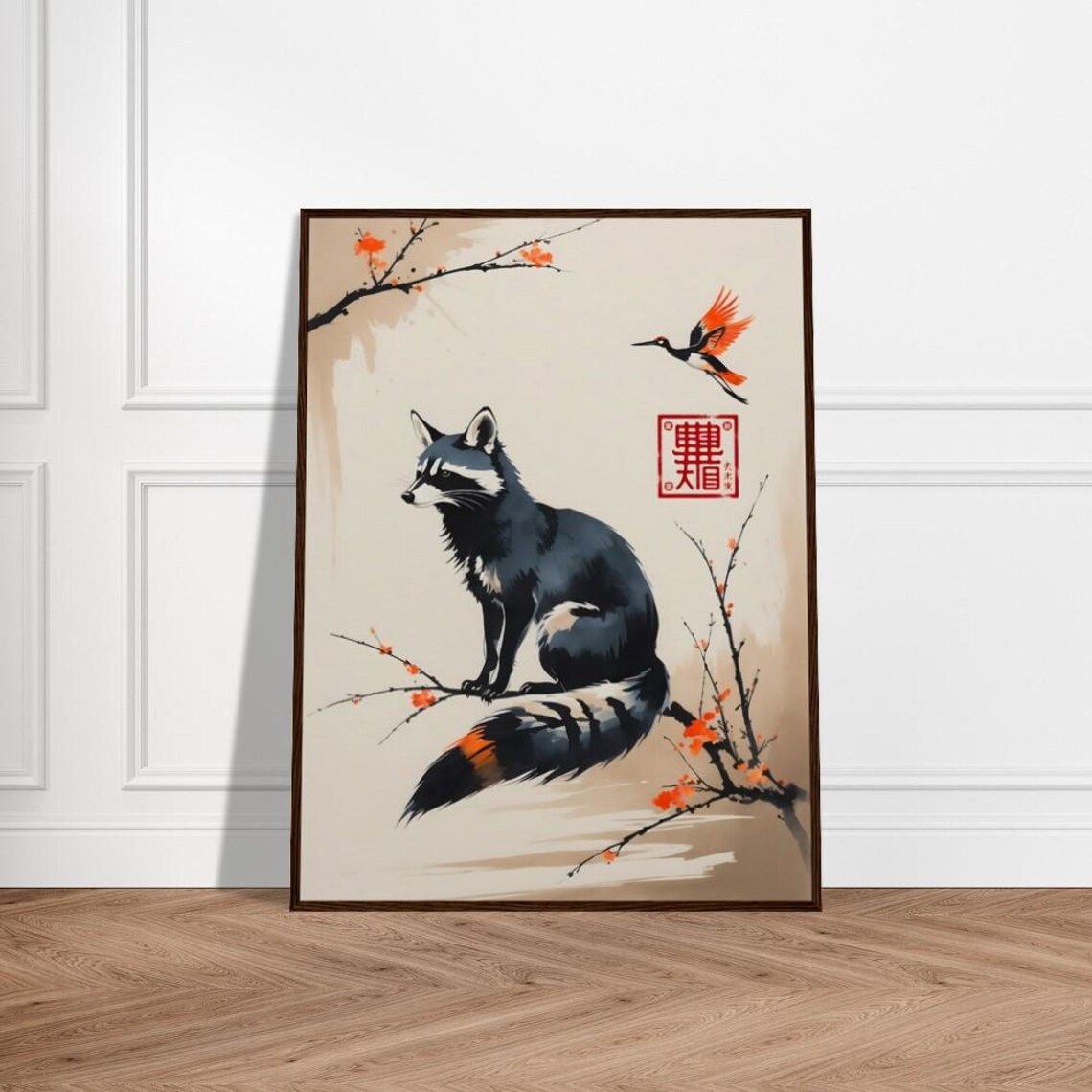Serene Tanuki With Cherry Blossoms Japanese Watercolor Art Poster