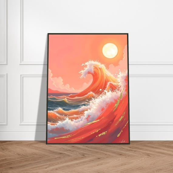 Crimson Wave At Sunset Bold Ocean Painting With Golden Accents Vibrant Coral Sky Modern Coastal Wall Art
