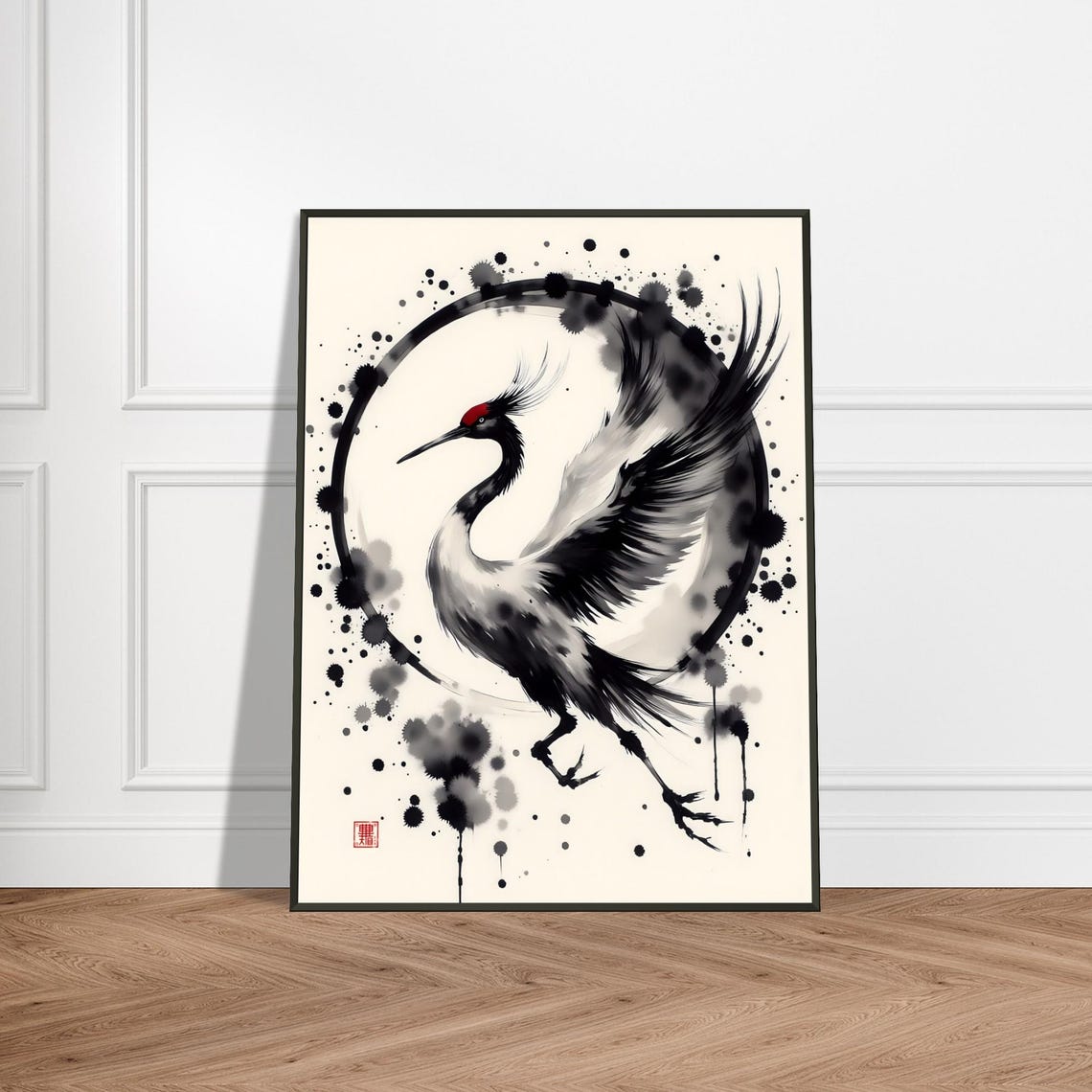 Red Crowned Crane Dancing in Enso Circle Japanese Ink Art Poster
