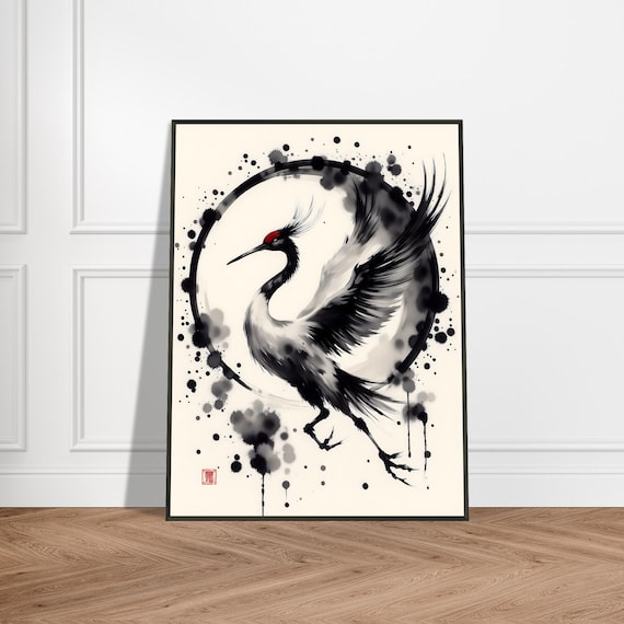 Red Crowned Crane Dancing in Enso Circle Japanese Ink Art Poster