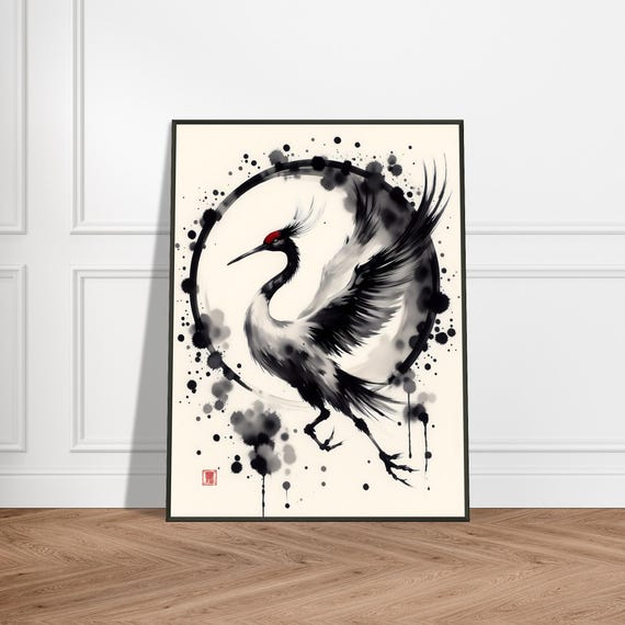 Redcrowned Crane Wall Art Japanese Ink Style Bird In Enso Circle Elegant Metal Framed Zen Decor