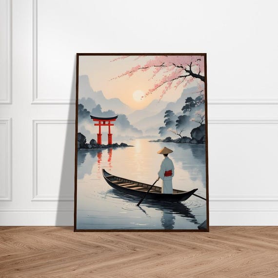 Tranquil Japanese Lake Scene With Cherry Blossoms Torii Gate And Traditional Boatman At Sunrise