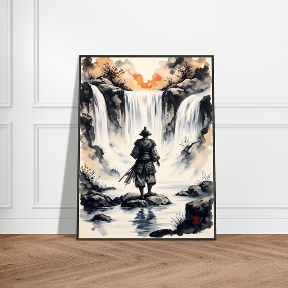 Samurai Warrior Before Misty Waterfalls Japanese Ink Art Poster